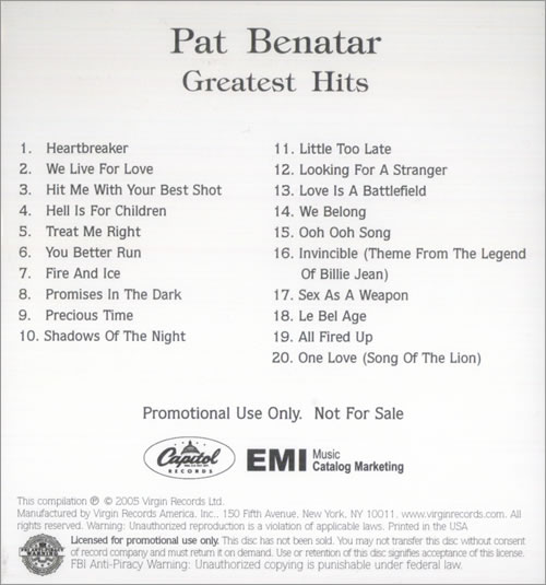 Pat Benatar Greatest Hits CD-R acetate US BENCRGR529776