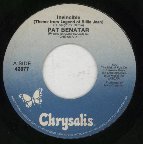 Pat Benatar Invincible (Theme From The Legend Of Billie Jean) 7" vinyl single (7 inch record / 45) Canadian BEN07IN850524