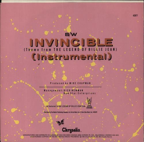 Pat Benatar Invincible (Theme From The Legend Of Billie Jean) 7" vinyl single (7 inch record / 45) Canadian BEN07IN850524