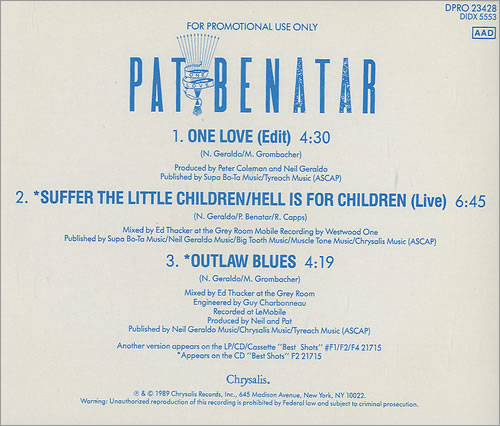 Pat Benatar One Love CD single (CD5 / 5") US BENC5ON01109