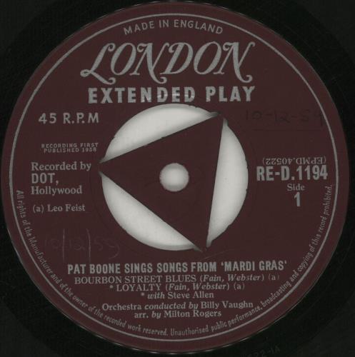 Pat Boone Mardi Gras EP 7" vinyl single (7 inch record / 45) UK PAO07MA367758