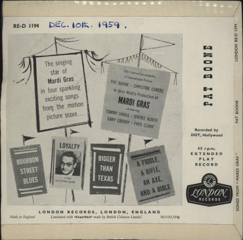 Pat Boone Mardi Gras EP 7" vinyl single (7 inch record / 45) UK PAO07MA367758