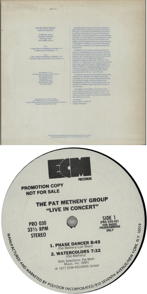 Pat Metheny Live In Concert 12" vinyl single (12 inch record / Maxi-single) US PME12LI606257