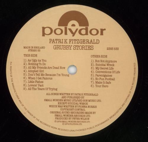 Patrik Fitzgerald Grubby Stories vinyl LP album (LP record) UK PTGLPGR395783