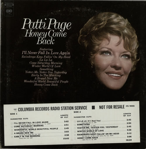 Patti Page Honey Come Back vinyl LP album (LP record) US PP-LPHO630665