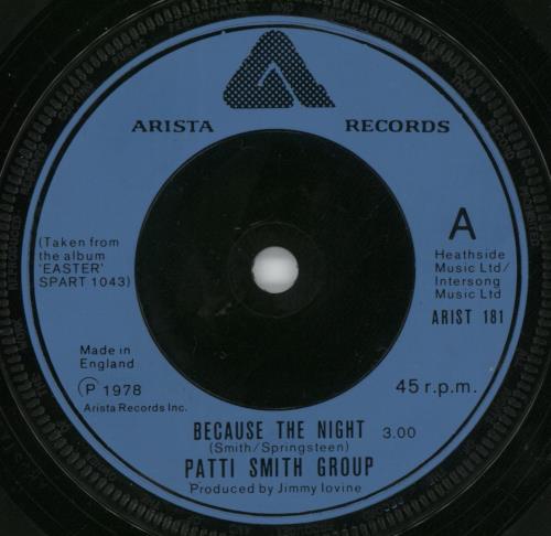 Patti Smith Because The Night - P/S 7" vinyl single (7 inch record / 45) UK PTI07BE59802