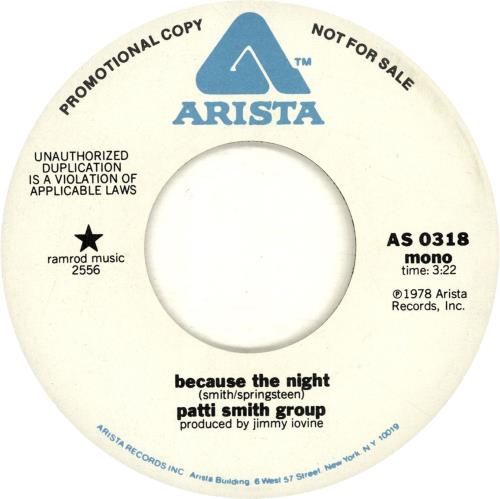 Patti Smith Because The Night - p/s 7" vinyl single (7 inch record / 45) US PTI07BE689564
