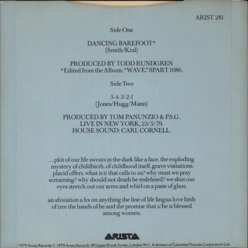 Patti Smith Dancing Barefoot 7" vinyl single (7 inch record / 45) UK PTI07DA70297