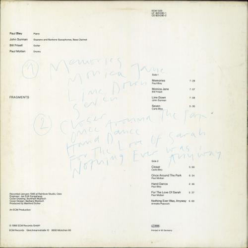 Paul Bley Fragments vinyl LP album (LP record) German P~BLPFR795478