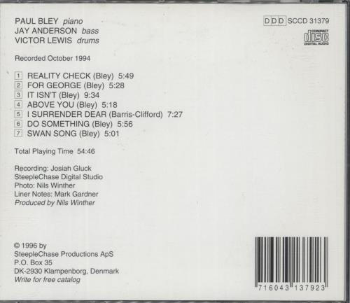 Paul Bley Reality Check CD album (CDLP) Danish P~BCDRE891100