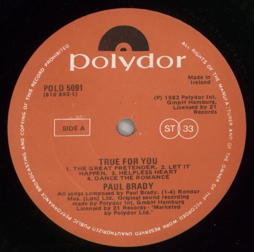 Paul Brady True For You vinyl LP album (LP record) UK PABLPTR304361