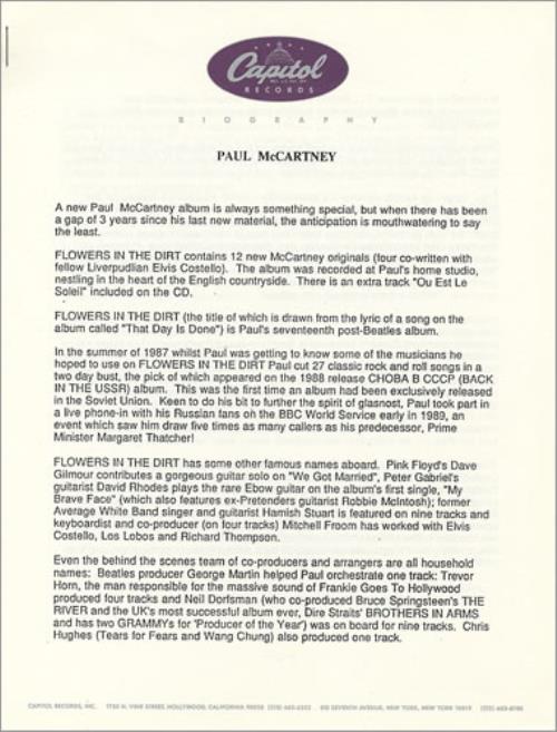 Paul McCartney and Wings Flowers In The Dirt media press pack US MCCPPFL57403