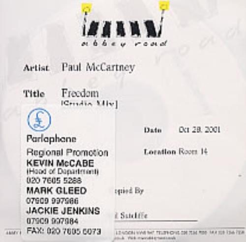 Paul McCartney and Wings Freedom - Studio Mix CD-R acetate UK MCCCRFR204840