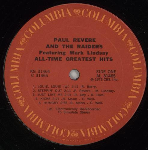 Paul Revere & The Raiders All-Time Greatest Hits 2-LP vinyl record set (Double LP Album) US PRV2LAL871697