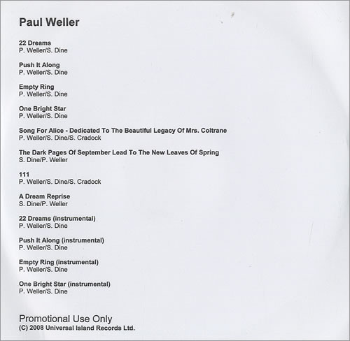 Paul Weller 22 Dreams CD-R acetate US WELCRDR491009