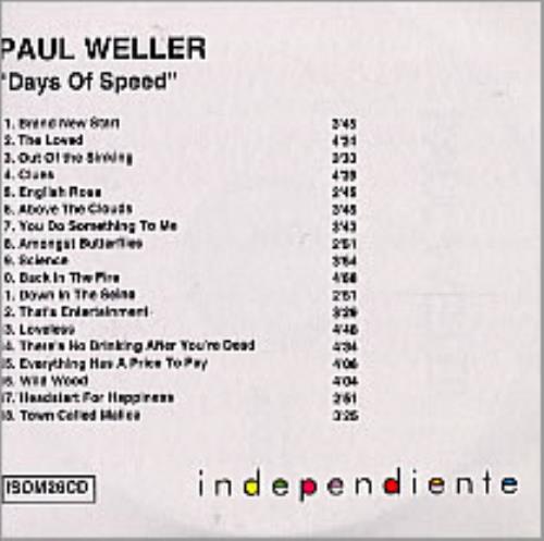 Paul Weller Days Of Speed CD-R acetate UK WELCRDA196365