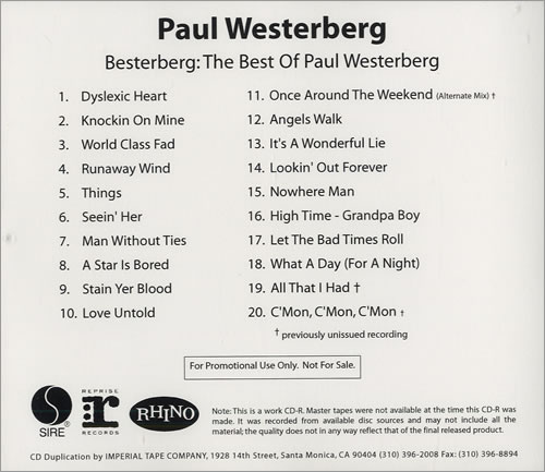 Paul Westerberg Besterberg: The Best Of Paul Westerberg CD-R acetate US P-WCRBE479811