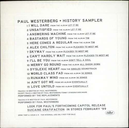 Paul Westerberg History Sampler CD album (CDLP) US P-WCDHI152574