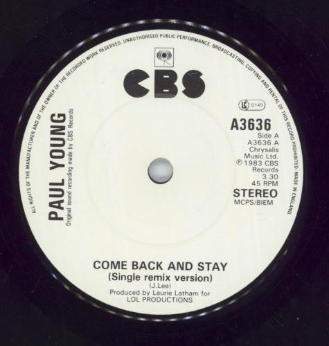 Paul Young Come Back And Stay - Sleeve B 7" vinyl single (7 inch record / 45) UK PYO07CO598989