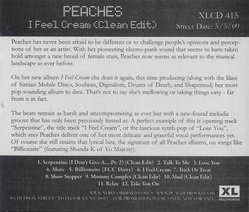 Peaches I Feel Cream CD album (CDLP) US P-ECDIF475384