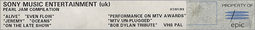 Pearl Jam Compilation video (VHS or PAL or NTSC) UK PJAVICO406828