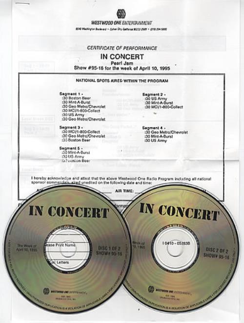 Pearl Jam In Concert 2 CD album set (Double CD) US PJA2CIN255613