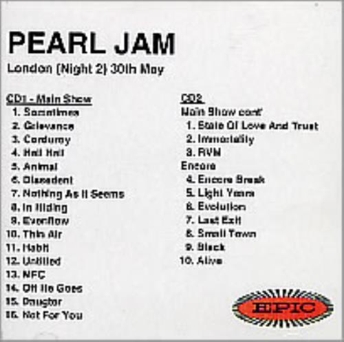 Pearl Jam London Night 2 30th May CD-R acetate UK PJACRLO167587
