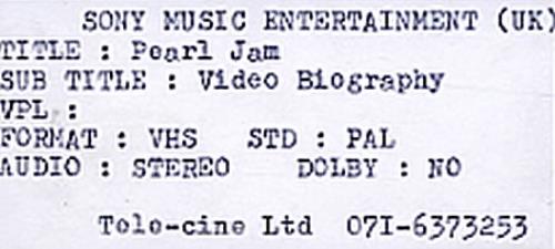Pearl Jam Video Biography video (VHS or PAL or NTSC) UK PJAVIVI331950