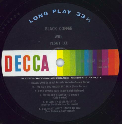 Peggy Lee Black Coffee vinyl LP album (LP record) US PEGLPBL768441