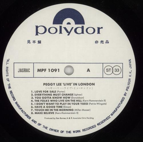 Peggy Lee Live In London vinyl LP album (LP record) Japanese PEGLPLI872915