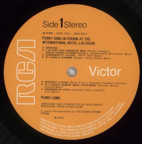 Perry Como In Person At The International Hotel, Las Vegas vinyl LP album (LP record) UK PA9LPIN496777