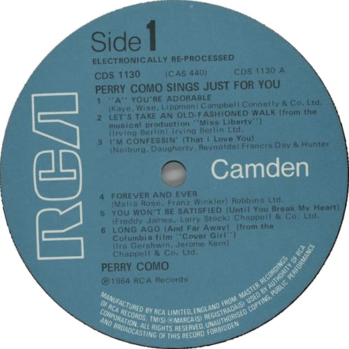 Perry Como Sings Just For You vinyl LP album (LP record) UK PA9LPSI629366
