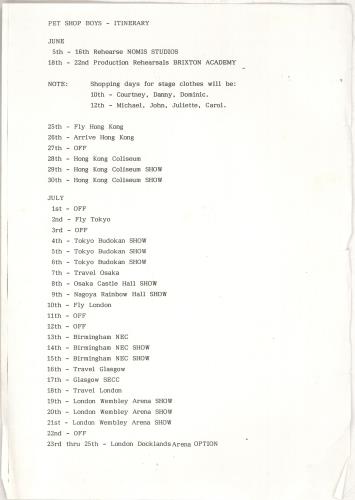 Pet Shop Boys 1989 Tour Itinerary & Two Access All Areas Passes Itinerary UK PSBITTO712024