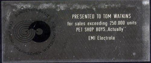 Pet Shop Boys Actually - Gold award disc German PSBAWAC679247