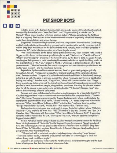 Pet Shop Boys Actually media press pack US PSBPPAC219718