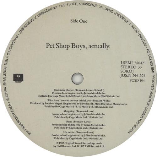 Pet Shop Boys Actually vinyl LP album (LP record) Yugoslavian PSBLPAC657270