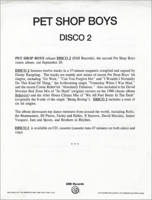 Pet Shop Boys Disco 2 media press pack US PSBPPDI37988