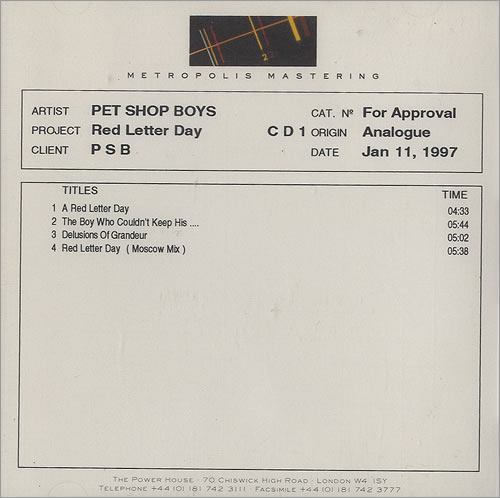Pet Shop Boys Red Letter Day CD-R acetate UK PSBCRRE494610