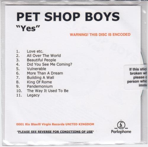 Pet Shop Boys Yes CD-R acetate UK PSBCRYE655785