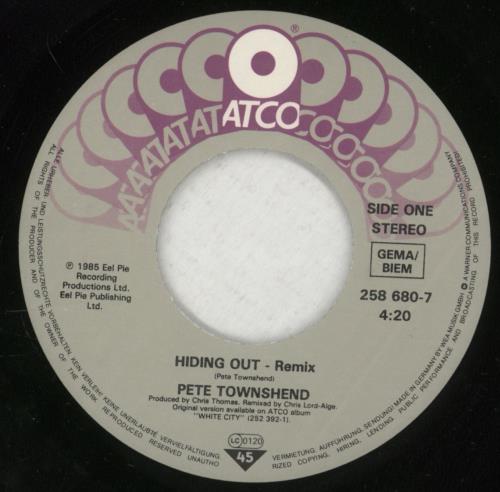 Pete Townshend Hiding Out 7" vinyl single (7 inch record / 45) German TOW07HI83381