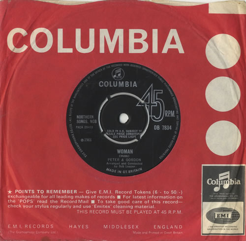 Peter & Gordon Woman 7" vinyl single (7 inch record / 45) UK P&G07WO520627