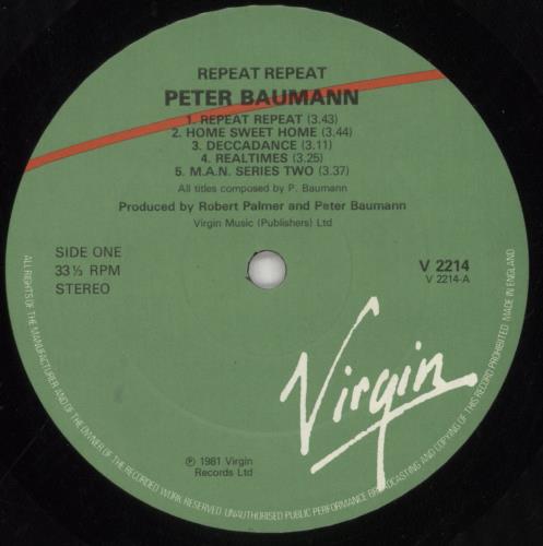 Peter Baumann Repeat Repeat vinyl LP album (LP record) UK BMNLPRE244740