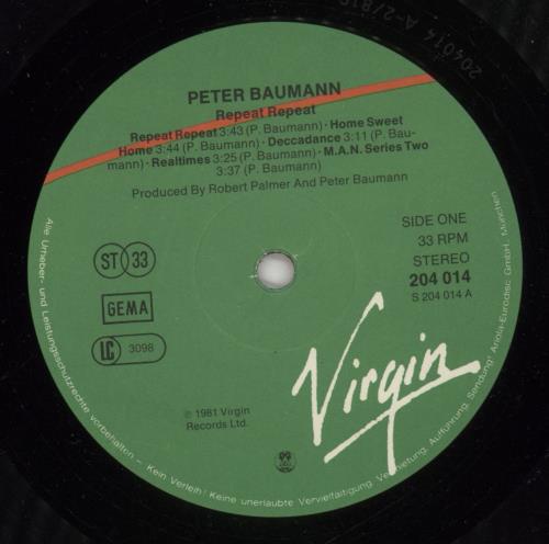 Peter Baumann Repeat Repeat vinyl LP album (LP record) German BMNLPRE672529