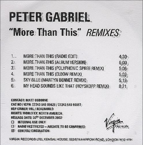 Peter Gabriel More Than This CD-R acetate UK GABCRMO369284