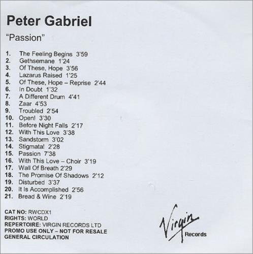 Peter Gabriel Passion CD-R acetate UK GABCRPA212655