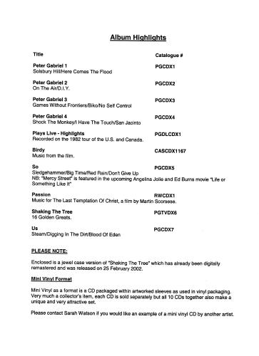 Peter Gabriel Remasters Sampler CD album (CDLP) US GABCDRE214502