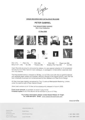 Peter Gabriel Remasters Sampler CD album (CDLP) US GABCDRE214502