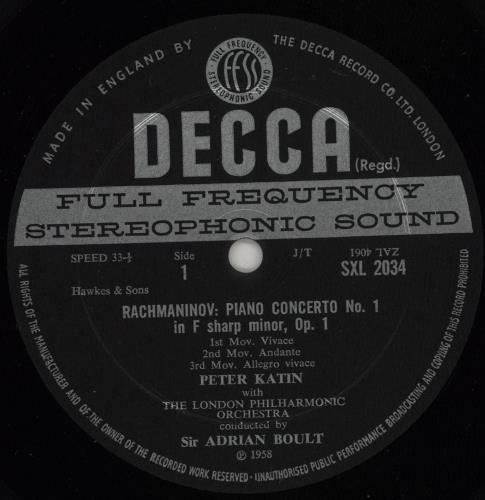 Peter Katin Rachmnaninov: First Piano Concerto / Tchaikovsky: Concert Fantasia vinyl LP album (LP record) UK 5PKLPRA750129