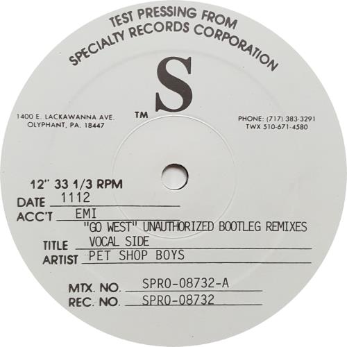 Pet Shop Boys Go West - Unauthorized Bootleg Remixes US Promo 12