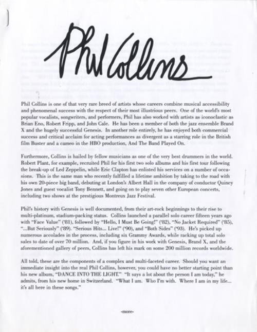 Phil Collins Dance Into The Light media press pack US COLPPDA195555
